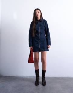 Denim zip through long sleeve mini dress in indigo