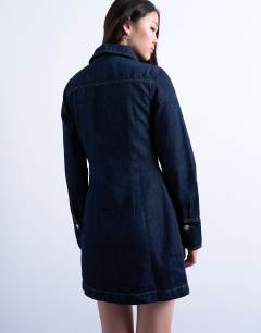 Model wearing Denim zip through long sleeve mini dress in indigo