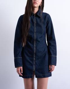 Model wearing Denim zip through long sleeve mini dress in indigo