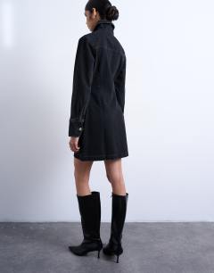 Model wearing Denim zip through long sleeve mini dress in washed black