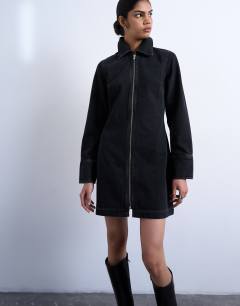 Model wearing Denim zip through long sleeve mini dress in washed black
