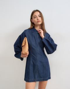 Denim zip through mini dress with ovoid sleeve in indigo rinse