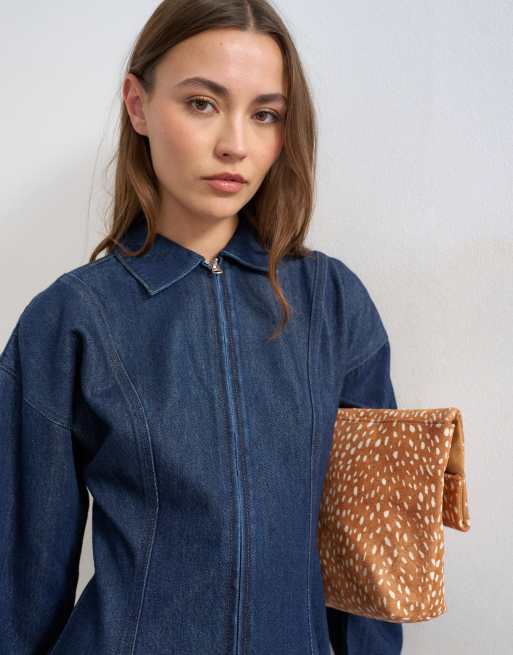 Topshop denim zip through mini dress with ovoid sleeve in indigo rinse, 3 of 4