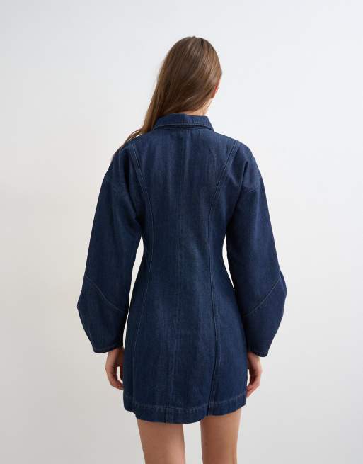 Topshop denim zip through mini dress with ovoid sleeve in indigo rinse, 4 of 4