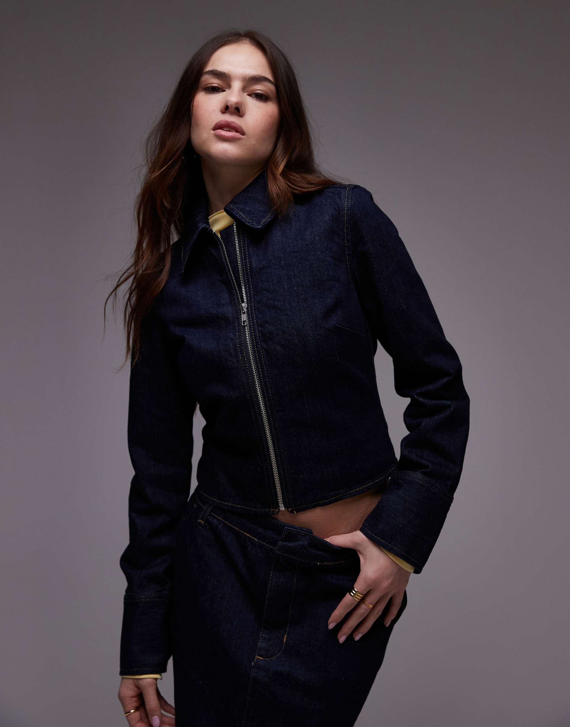 topshop denim zip through shirt in indigo rinse