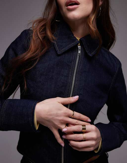 Topshop denim zip through shirt in indigo rinse, 4 of 4