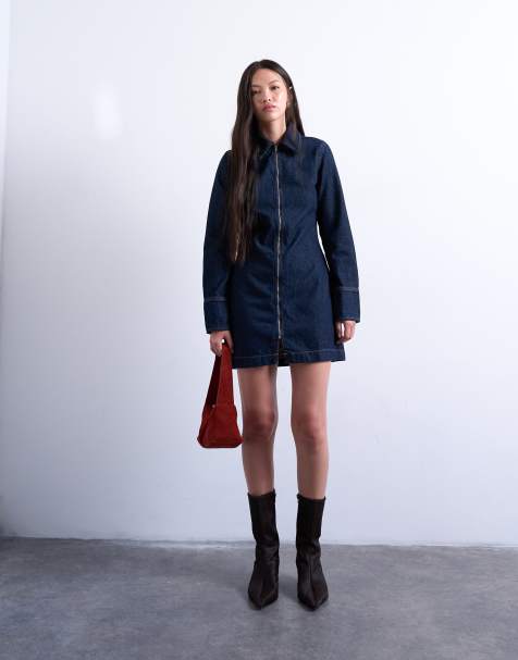 Topshop denim zip up long sleeve mini dress in indigo - view 1
