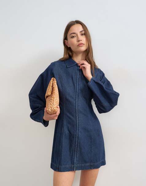 Topshop denim zip up mini dress with ovoid sleeve in indigo rinse - view 1