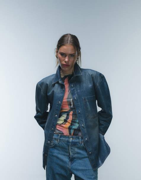 Topshop - Denimbelagt skjorte i dybblå vask - view 1