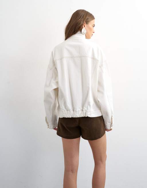 Topshop denimjacka med ståkrage och elastisk fåll i benvit, 3 av 4