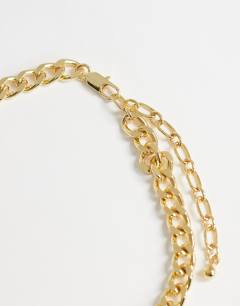 Model wearing Denzel chunky asymmetric lariat necklace with ball in gold and silver