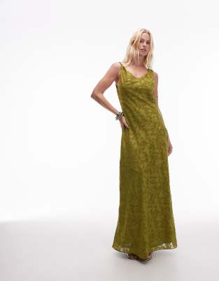 devore occasion twist shoulder midi dress in green