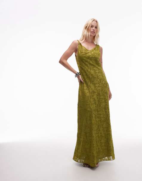 Topshop devore occasion twist shoulder midi dress in green - view 1