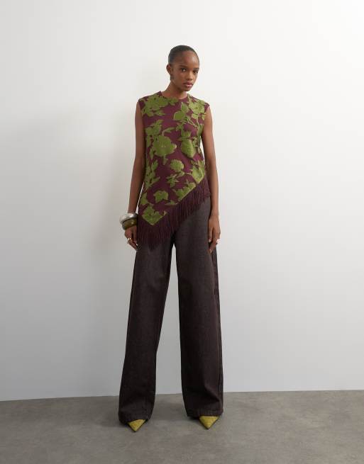 Topshop devoure fringe asymmetric top in deep plum, 4 of 4