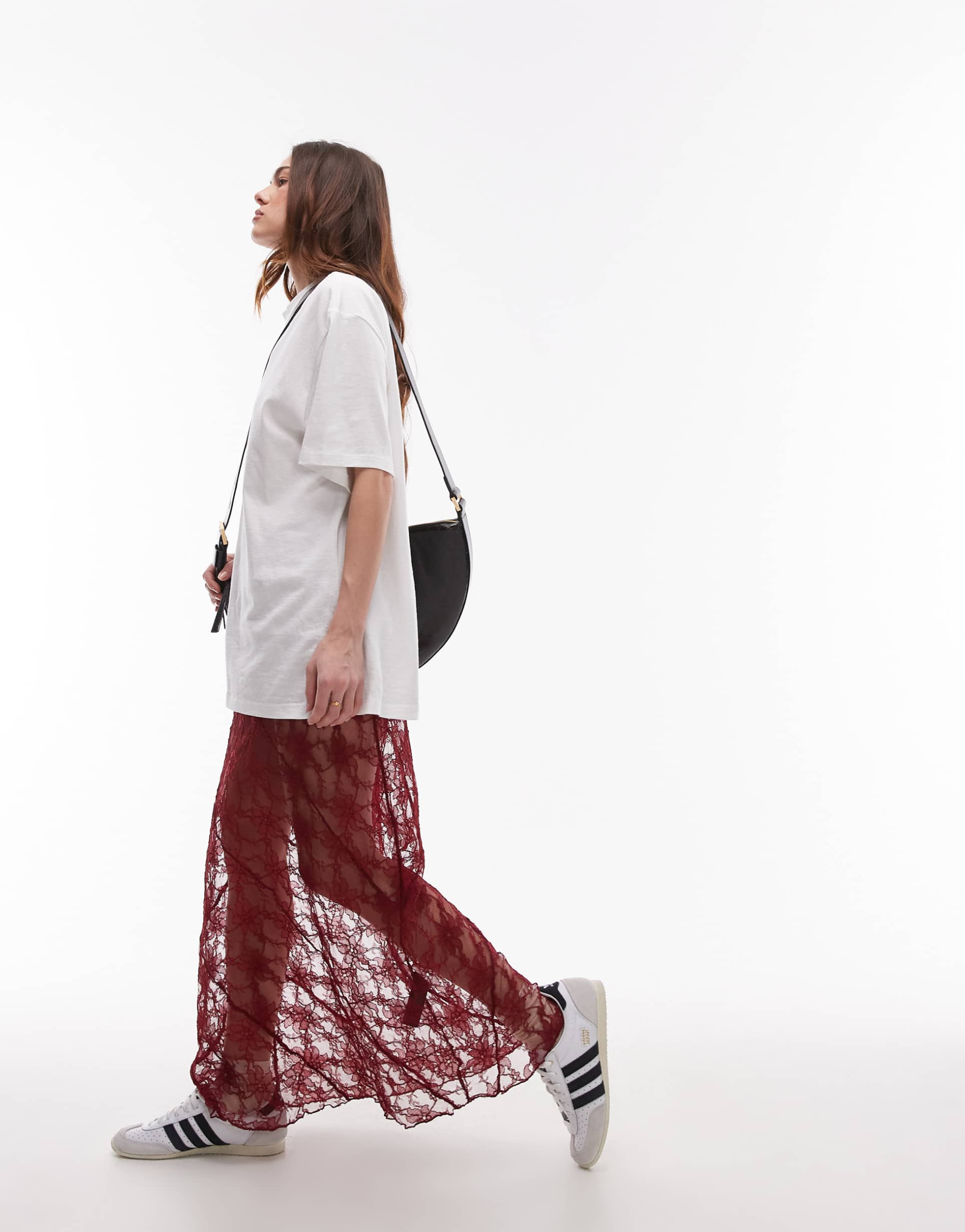 topshop diagonal lace tier maxi skirt in burgundy