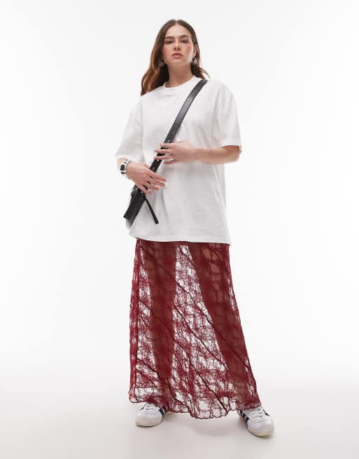 Topshop diagonal lace tier maxi skirt in burgundy, 2 of 5