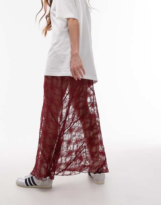 Topshop diagonal lace tier maxi skirt in burgundy, 4 of 5
