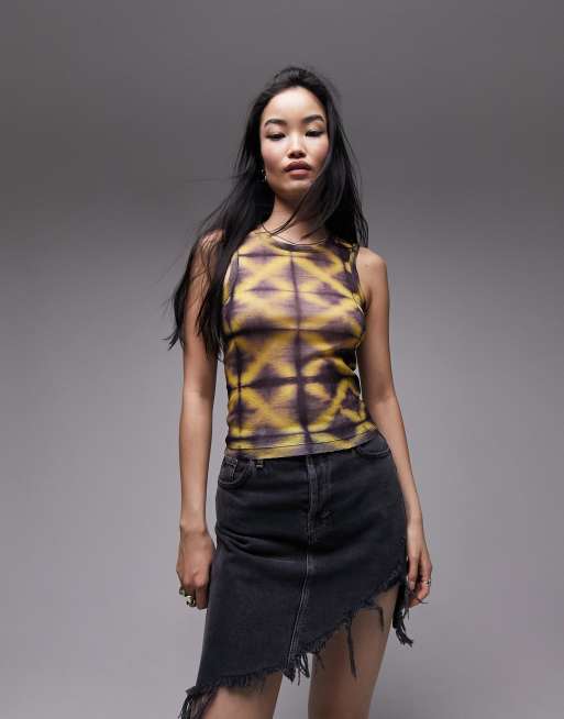 Topshop diamond printed mesh singlet in multi