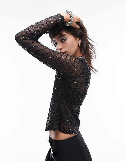 Warehouse sheer sleeve sequin hot sale top