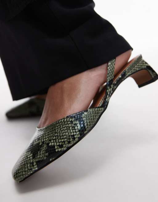 Topshop Diana square toe mid heeled shoes in khaki snake print