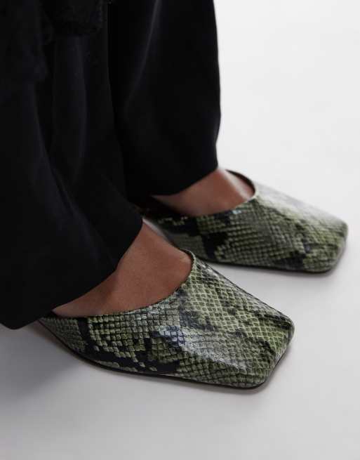 Topshop Diana square toe mid heeled shoes in khaki snake print