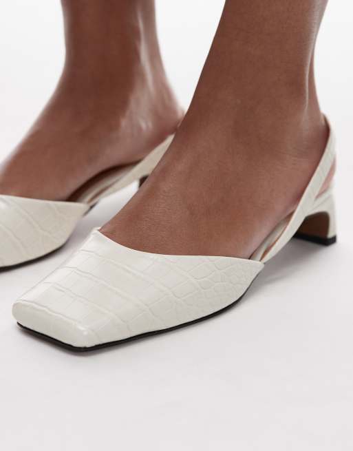 Topshop Diana square toe mid heeled shoes in off white croc print