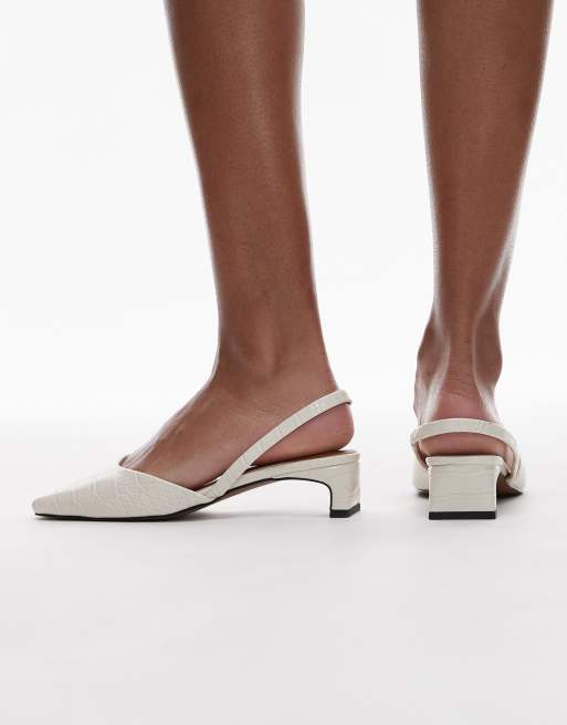 Topshop Diana square toe mid heeled shoes in off white croc print