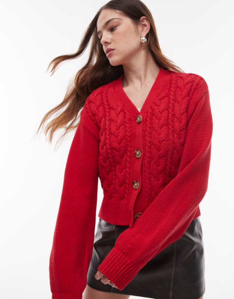 Topshop – Dicke Baumwoll-Strickjacke in Rot mit Zopfmuster - view 1