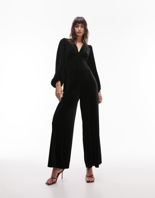 Topshop - Diepuitgesneden fluwelen jumpsuit in zwart