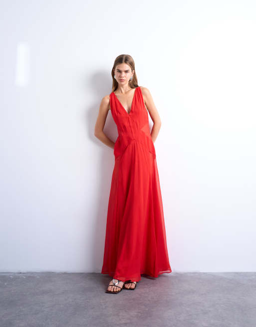 Topshop - Diepuitgesneden gelegenheidsjurk met volle zoom en doorschijnende panelen in rood