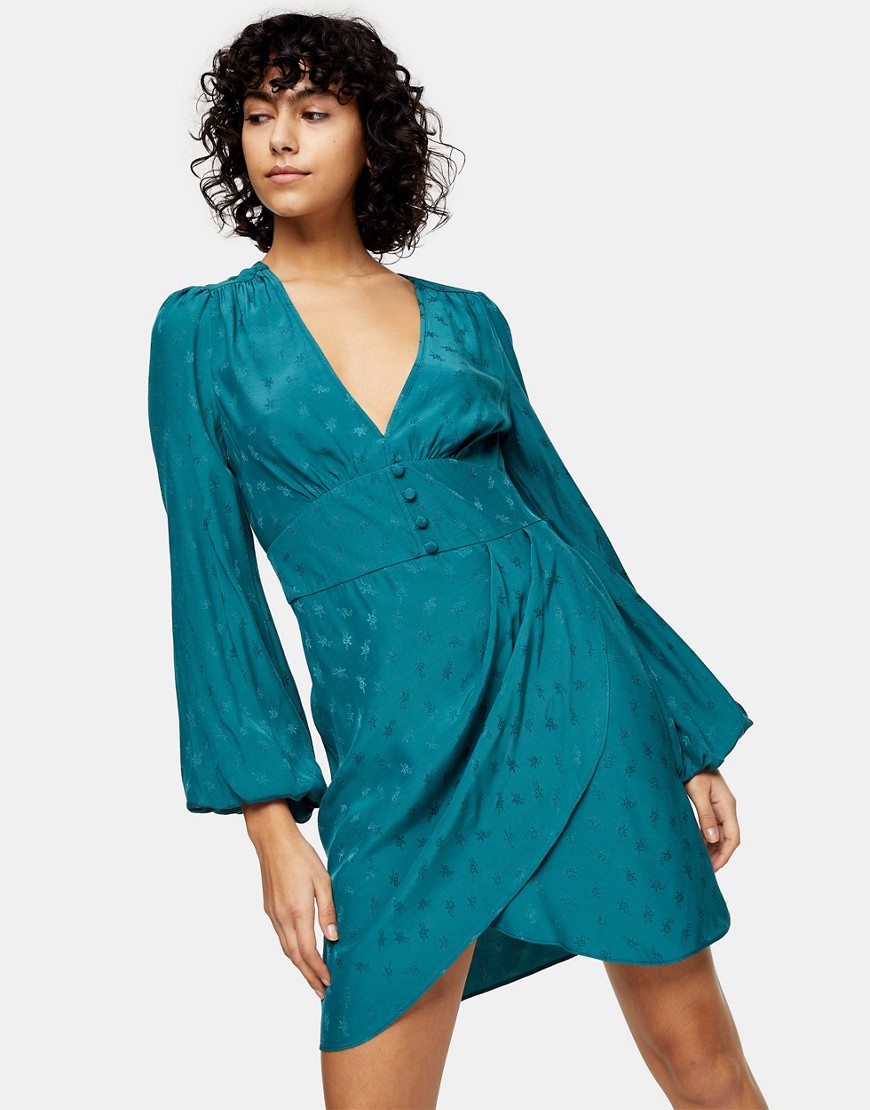 Topshop - Diepuitgesneden jacquard mini-jurk met knopen in groen
