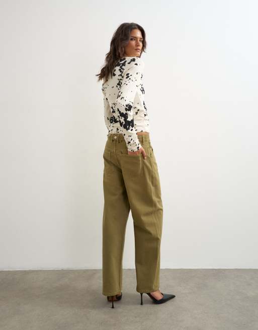 Topshop Dilan baggy lavtaljede jeans i khaki, 4 af 5
