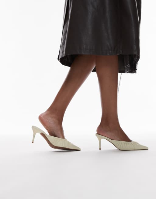 Topshop Dill ruched slip on mid heeled shoes in buttermilk