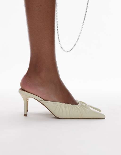 Topshop Dill ruched slip on mid heeled shoes in buttermilk