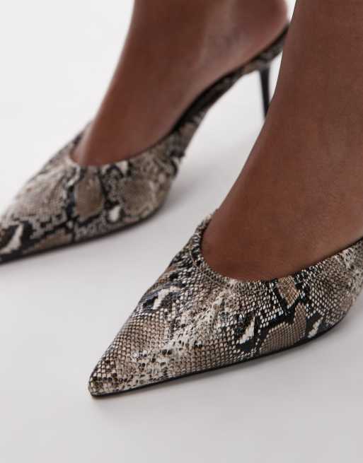Topshop Dill ruched slip on mid heeled shoes in snake print
