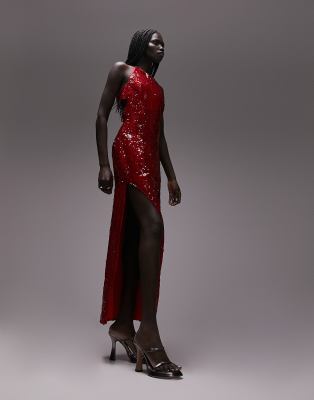 Topshop Disco Sequin Midi Dress In Red