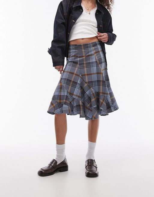 Topshop disjointed knee length skirt in blue & brown check