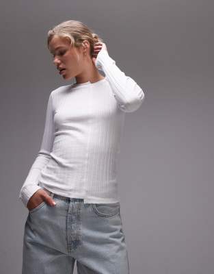 Topshop disjointed rib long sleeve tee in white