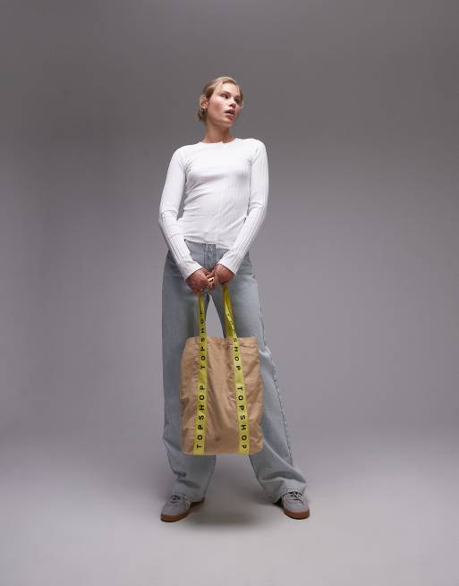 Topshop disjointed rib long sleeve tee in white