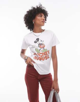 Topshop - Disney - Knapp geschnittenes T-Shirt in Ecru mit lizenziertem „Mickey Mouse"-Print-Weiß