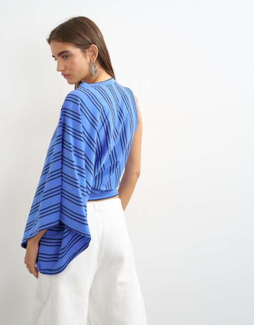 Topshop distorted cape top in blue stripes, 2 of 4