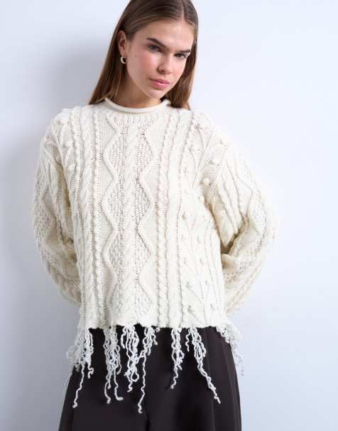 Topshop distressed cable knit sweater in ivory - view 1