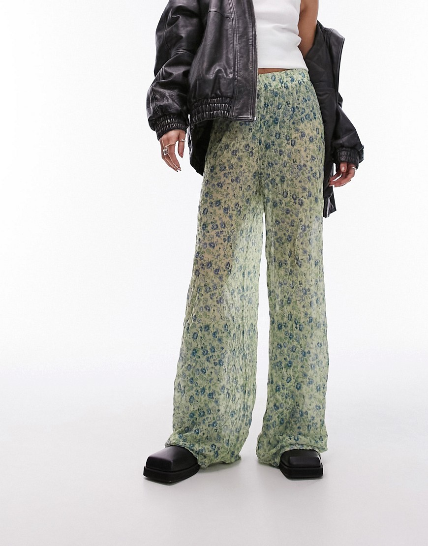 Topshop ditsy floral crinkle trouser in green
