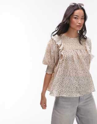 Topshop Ditsy Floral Embroidered Smock Top In Blush-pink In Pink
