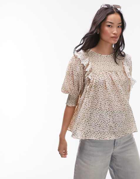 Topshop ditsy floral embroidered smock top in blush - view 1
