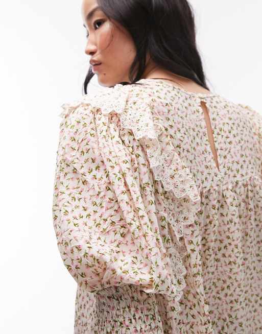 Topshop ditsy floral embroidered smock top in blush | ASOS