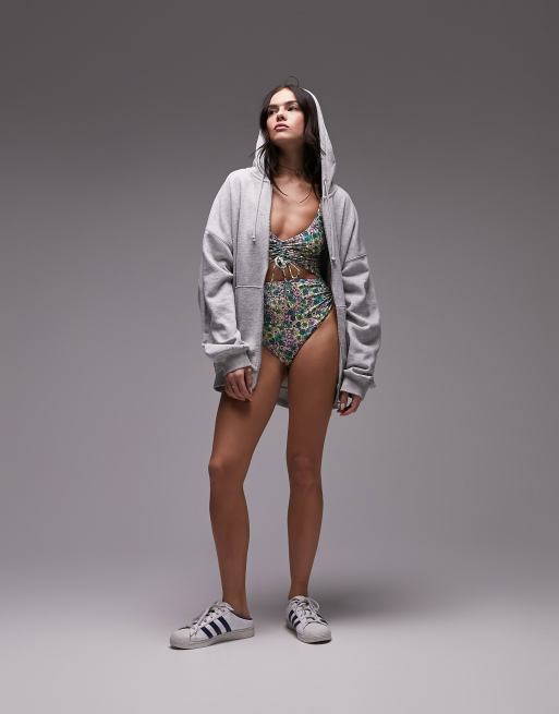 Topshop ditsy floral ruched tie swimsuit in pink , 4 of 4