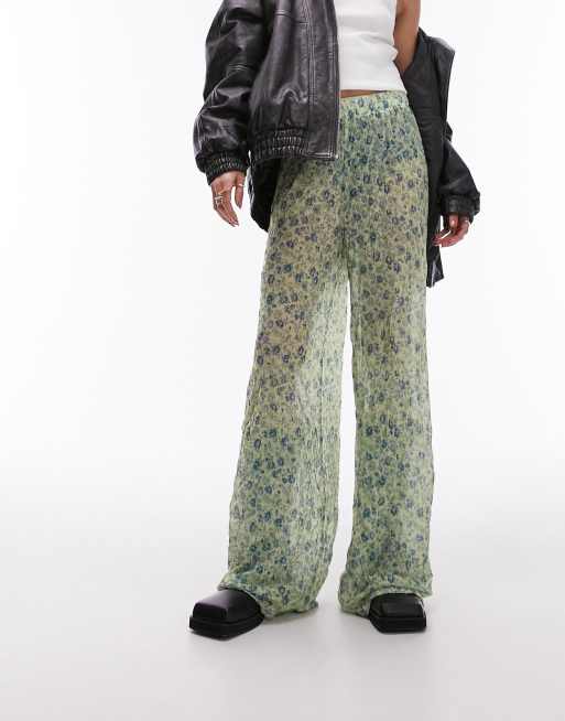 Topshop ditsy floral sheer crinkle pants in green