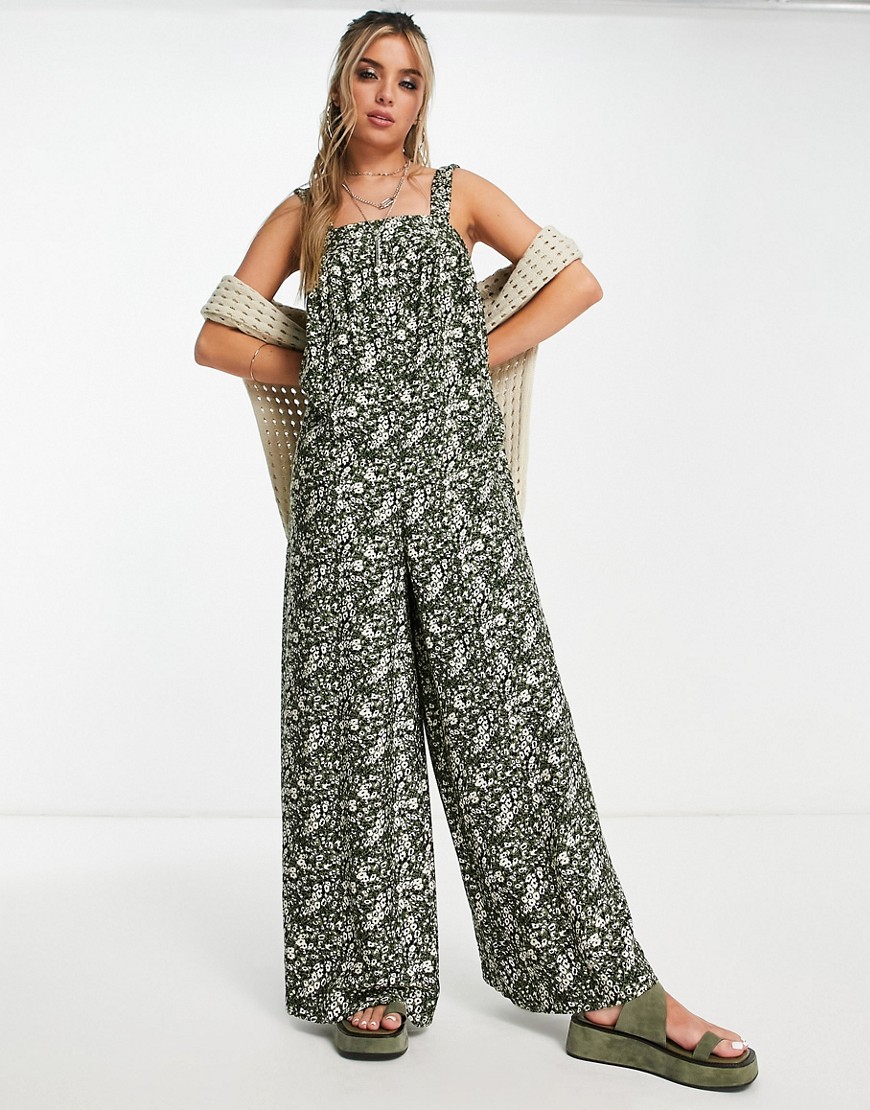 Topshop ditsy linen chuck on jumpsuit in green