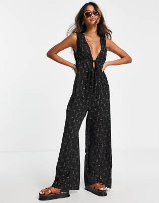 Topshop ditsy pini jumpsuit in black